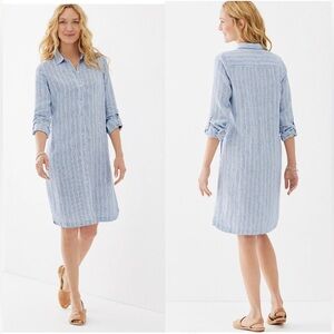 J JILL Love Linen Shirt Dress Striped Long Sleeve Blue Striped M Coastal Casual